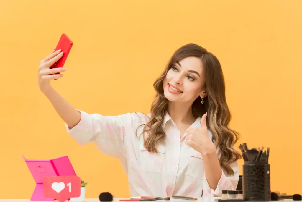 Seorang influencer sedang membuat konten dengan latar belakang warna cerah, mencerminkan strategi memilih influencer yang tepat untuk brand.